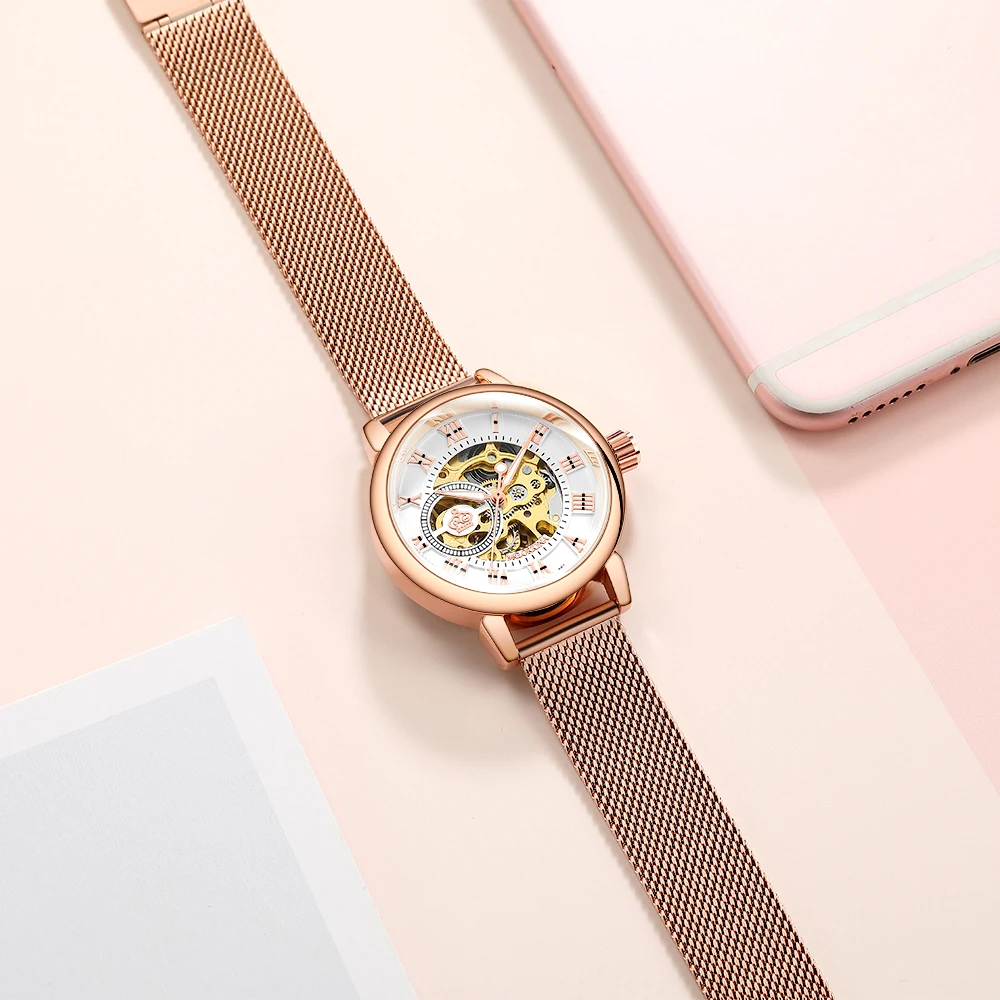 Mechanical Women Bracelet Watch Skeleton Automatic Wristwatch Mesh Stainless Steel Band Female Clock Chic Reloj Mujer ORKINA women watches