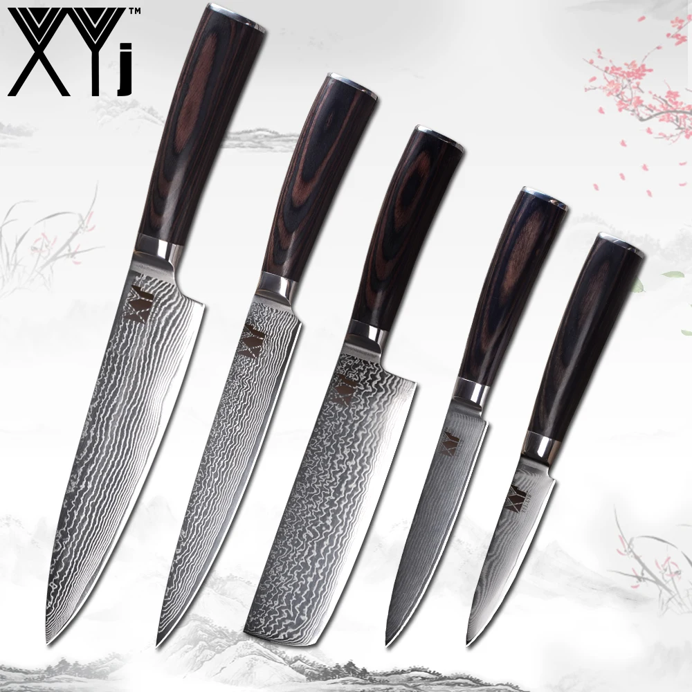 Online XYj cuchillos de cocina profesionales de Damasco mango de madera de Color 5 uds Set 67 capas VG10 cuchillos de acero japonés para cocina Chef