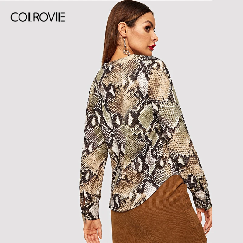 COLROVIE, v-образный вырез, змеиный принт, однобортная Элегантная блузка для женщин, зима, модные офисные женские рубашки, корейские винтажные Топы