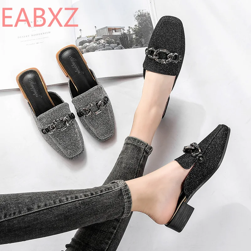 

EABXZ Spring 2019 new sandals Mueller shoes semi-drag vintage Baotou chain clasp large-size slippers off white rose gold shoe