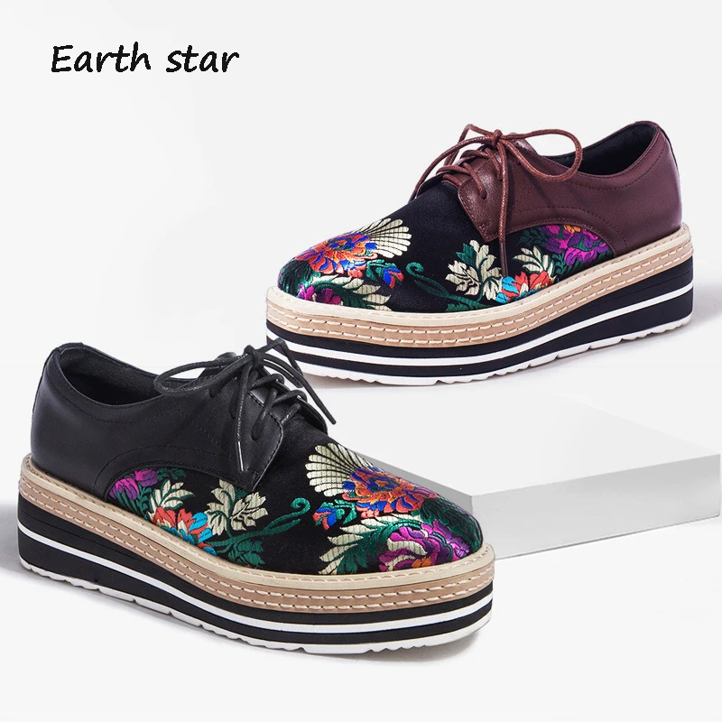 

Casual Flats Platform Shoes Women Fashion Brand Embroider Cross-tied Shoe zapatos de mujer Lady chaussure Flower Female footware