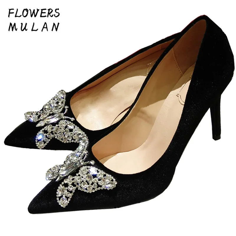 

2018 New Arrival Designers Women High Heels Pumps Pointed Toe Chic Crystal Butterfly Red Black Velvet Upper Lady Wedding Shoes
