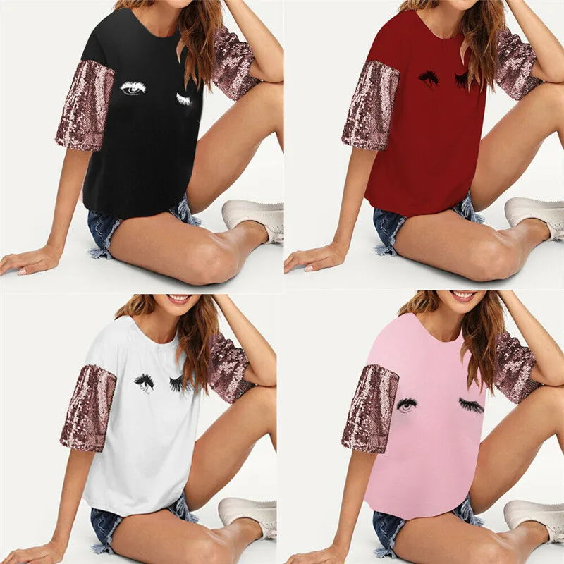 

Fashion new short-sleeved women's soft casual loose T-shirt printed sequined shirt T-shirt