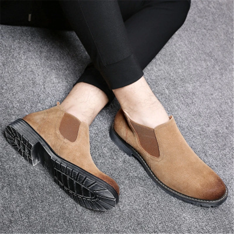 Men Ankle boots Split Leather Slip-On Chelsea Boots British style Outdoor boots Male High-top shoes Tooling boots 02C