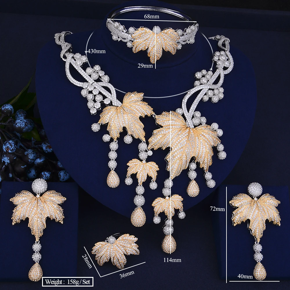 GODKI Luxury Pumpkin Leaf Long Tassel Nigerian Jewelry Set For Women Wedding Zircon Crystal CZ Indian African Bridal Jewelry Set