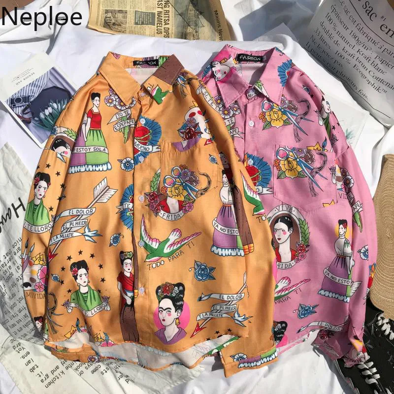

Neploe Japanese Character Printed Loose Shirt Women Men Vintage Long Sleeve Casual Blouse 2019 Single Breasted Thin Blusas 53278