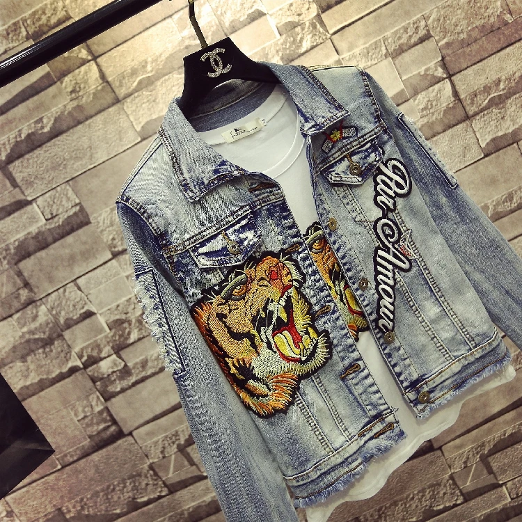 Mode Printemps Vestes Manches Tigre 2018 Bleu Blue Été Nouveau Longues Denim Femmes De Clair Outwear Manteau À Jeans Trou Broderie Étudiants fZwxI5qx4