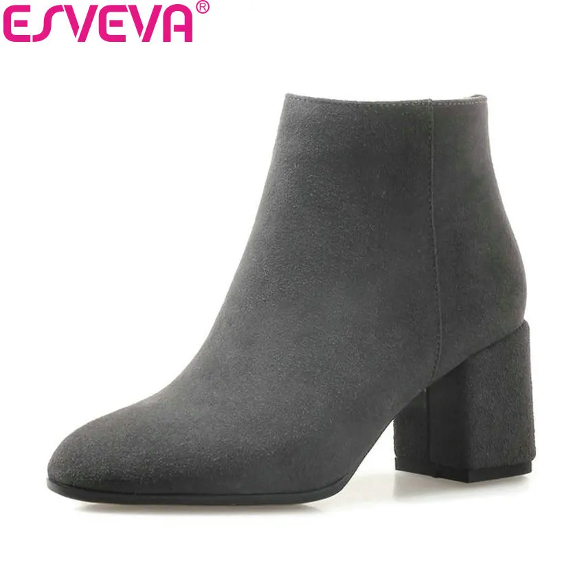 

ESVEVA 2019 Women Shoes Round Toe Zip Square High Heels Ankle Boots Shoes Fashion Western Style Autumn Woman Boots Size 34-39