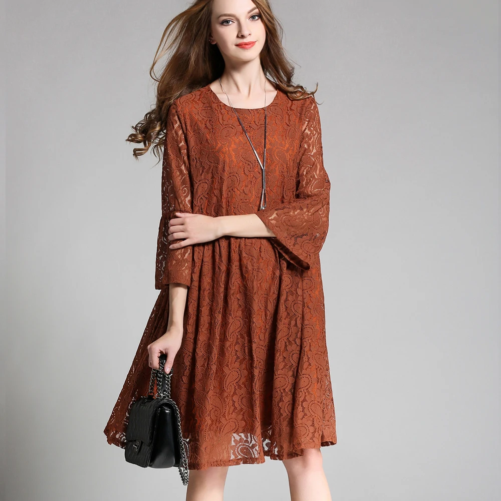 Женское кружевное платье с круглым вырезом рукавом 3/4|womens clothing|lace dressdress oversize |