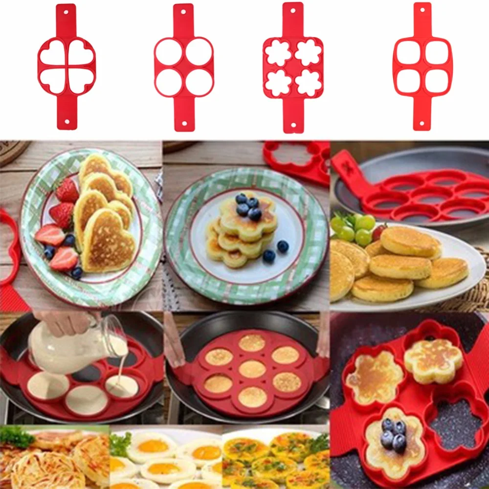 yosicl 7 Hole Egg Pancake Ring Nonstick Pancake Souffl Making Mold Silicone Cake Shaper Tool Kitchen Baking Accessories, 7 Holes-Heart