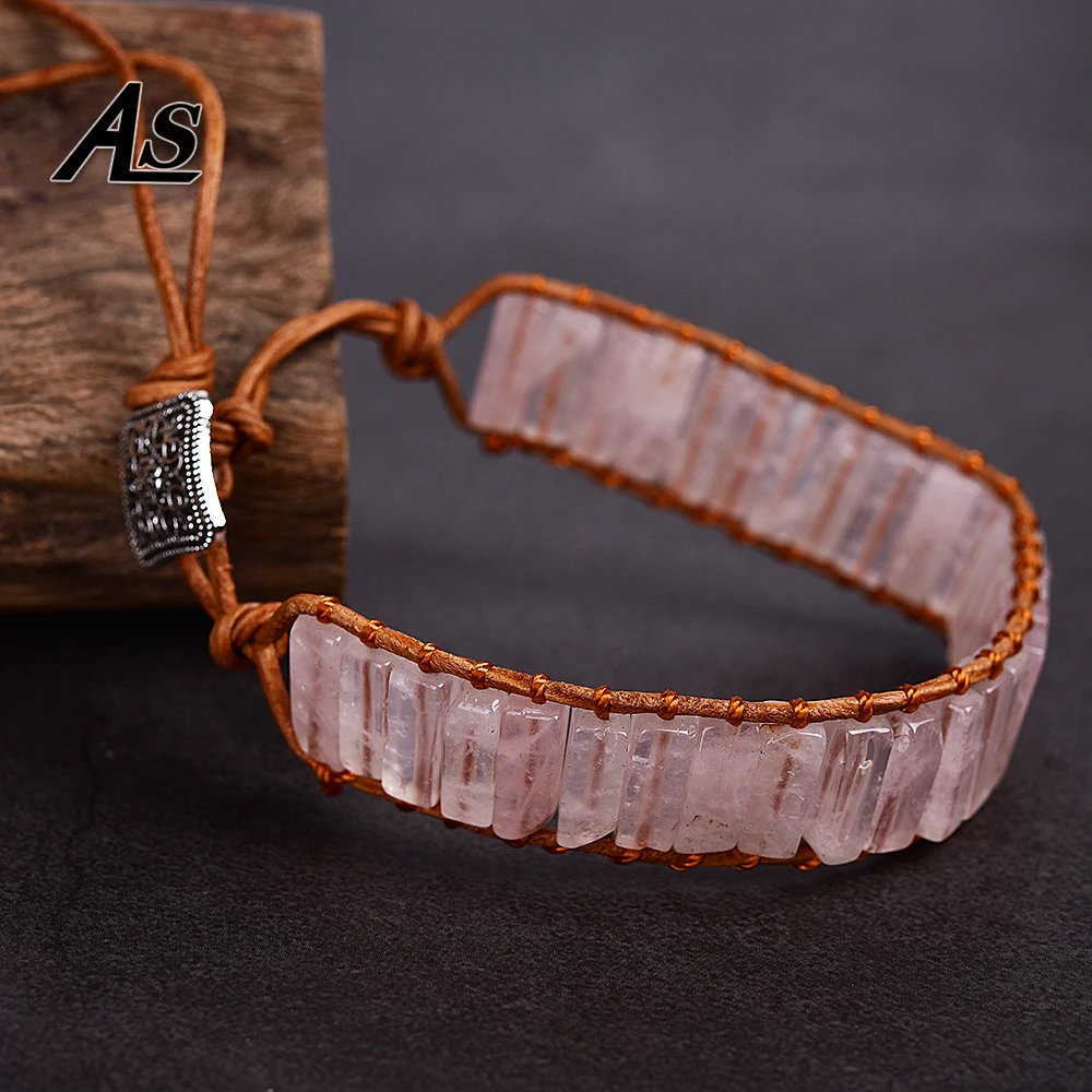 

Asingeloo Pink Rose Crystal Beads Leather Rope Wrap Thread Handmade Tube Jewelry Vintage Cuff Bracelet Bohemia Bangle