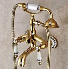 Gold Color Brass Ceramics Base Wall Mounted Clawfoot Bath Tub Faucet Mixer Tap Telephone Style Hand Held Shower Head Set atf413
