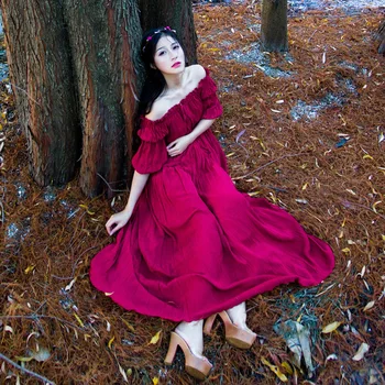 

Spring 2018 Vintage Mori Girl England Style Slash Neck Solid Cute Wine Red Apricot Color Lady Long Off The Shoulder Maxi Dresses
