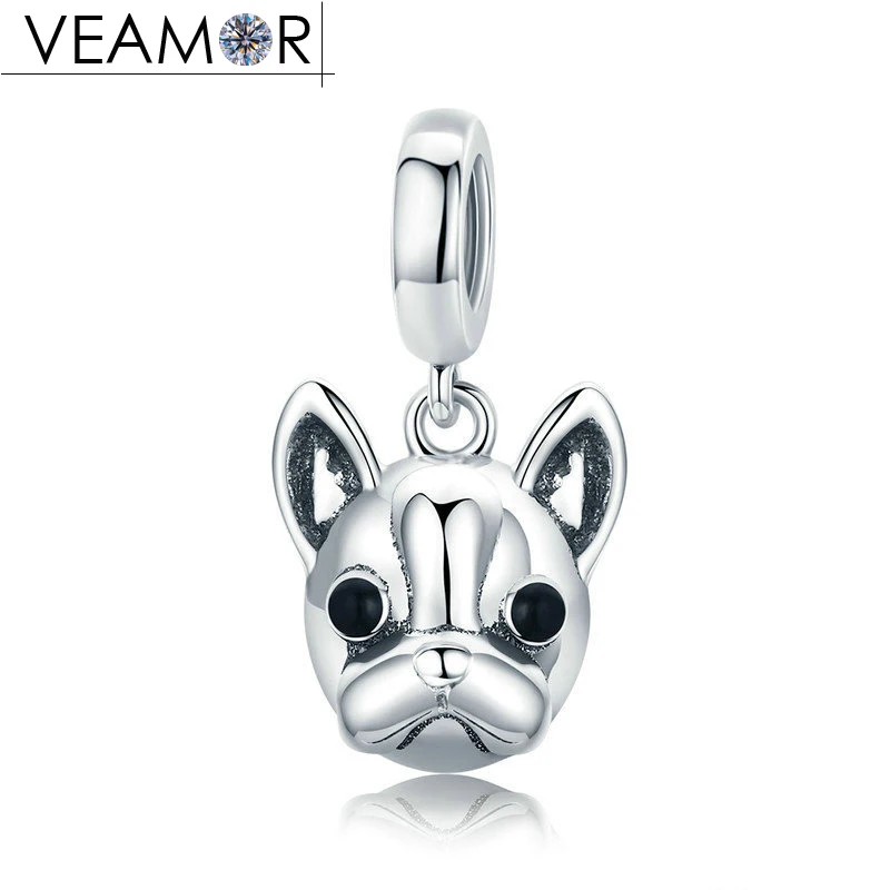 

VEAMOR 925 Sterling Silver Black Enamel French Bulldog Animal Dog Pendant Charms Beads Fit Pandora Bracelets DIY Jewelry Making