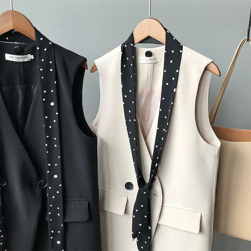 2019 новый элегантный галстук-бабочка черный женский жилет корейский короткий v-образным вырезом без рукавов Женская куртка Длинная тонкая