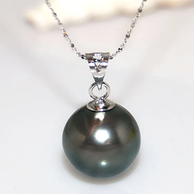 12 13mm Genuine Round Black Tahitian Pearl Pendant Necklace with 14 k