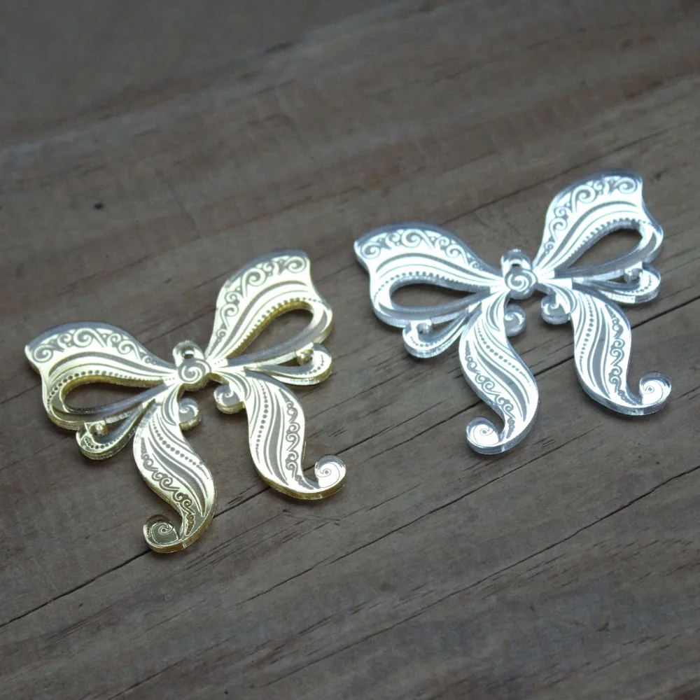 (10pcs each ) 50mm Acrylic Bow Dangle Earrings Bowknot Earring Lace Engraved Silver &Gold Mirror