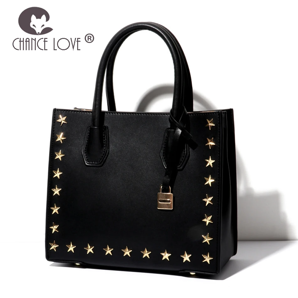 

Chance Love Female bag 2018 Genuine leather handbag rivet handbag new five pointed star mercer shoulder bag lock Casual Tote bag