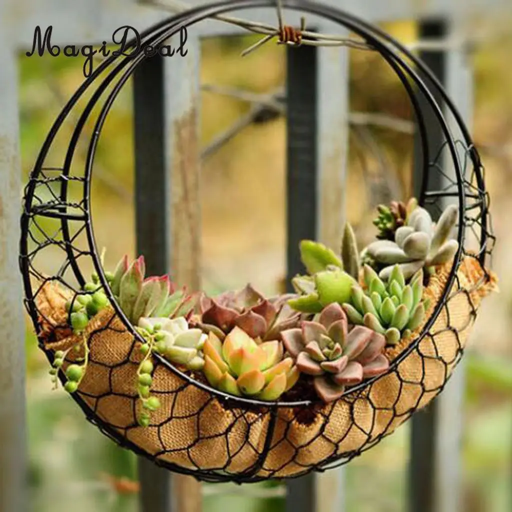 MagiDeal Iron Wire Wreath Frame Succulent Pot Metal Planter Plant Holder Hanging Flower Pots Planter  for indoors gardens Patios