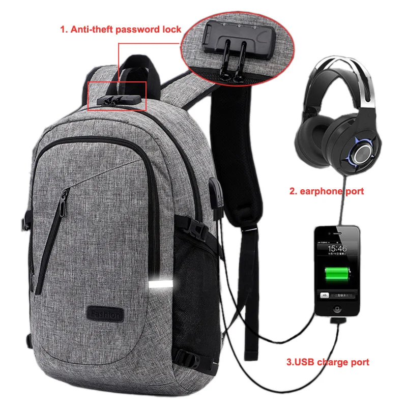 Мужской рюкзак с защитой от кражи мужской кодовым замком и usb зарядкой для