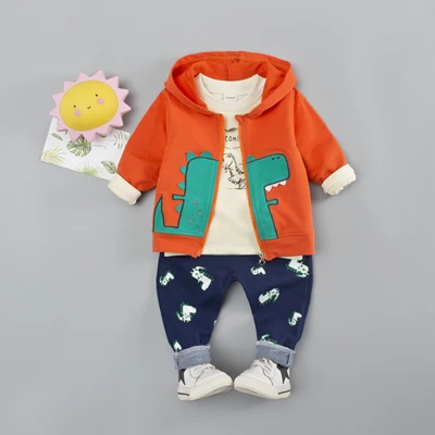 Комплект одежды для маленьких мальчиков и девочек, комплект одежды из 3 предметов с длинными рукавами и принтом гинозавра для мальчиков 1, 2, 3, 4 лет - Цвет: Red not shoes