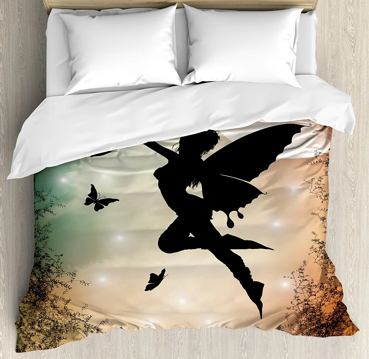 

Apartment Decor Duvet Cover Set Black Fairy with Angel Wings Butterflies and Sun like Alluring Round Light Bedding Set