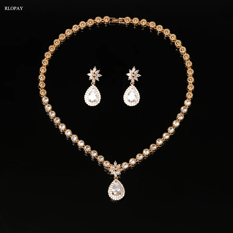 

Luxury Cubic Zircon Crystal Bridal Jewelry Sets Waterdrop Necklace Earrings Sets for Women Wedding Party Jewelry