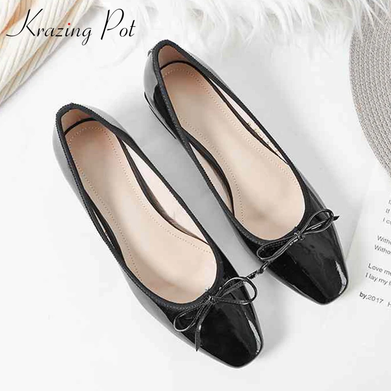 

Krazing Pot new vintage design full grain leather square toe low heel brand slip on office lady bowtie butterfly-knot pumps L2f1