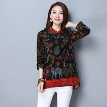 Retro Flowers Print Blouses Women Tops Cotton Linen Shirt Plus Size Casual Clothing Spring Summer Blusas