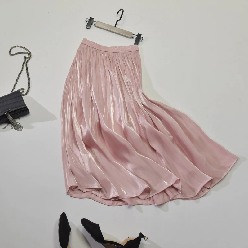 Spring New Korean Style Pleated Skirt Elastic Waist Pearl Luster Silk Slippery Faldas Largas Elegantes Free Shipping