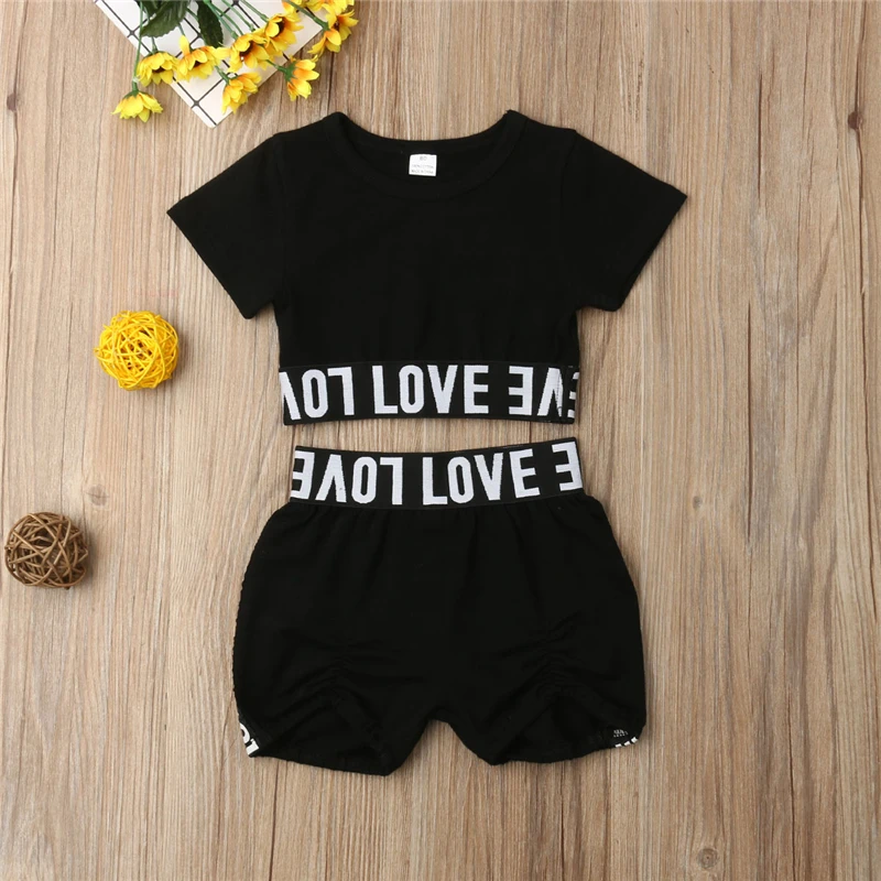 

Fashion Toddler Kids Girl Kid Child Black Crop Tee Top T shirt Short Pants Clothes Sunsuit Outfit Children's Sets