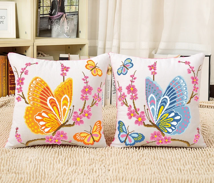 

DIY 100% Precise Printed Unfinished Cross Stitch Kits Embroidery Needlework Kits,pillow case butterfly