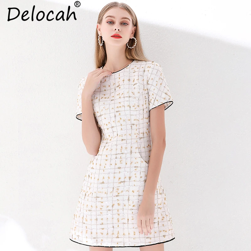 

Delocah Women Summer Dresses Runway Fashion Short Sleeve Pockets Plaid Embroidery Elegant Casual Party A-Line Mini Dresses 2019