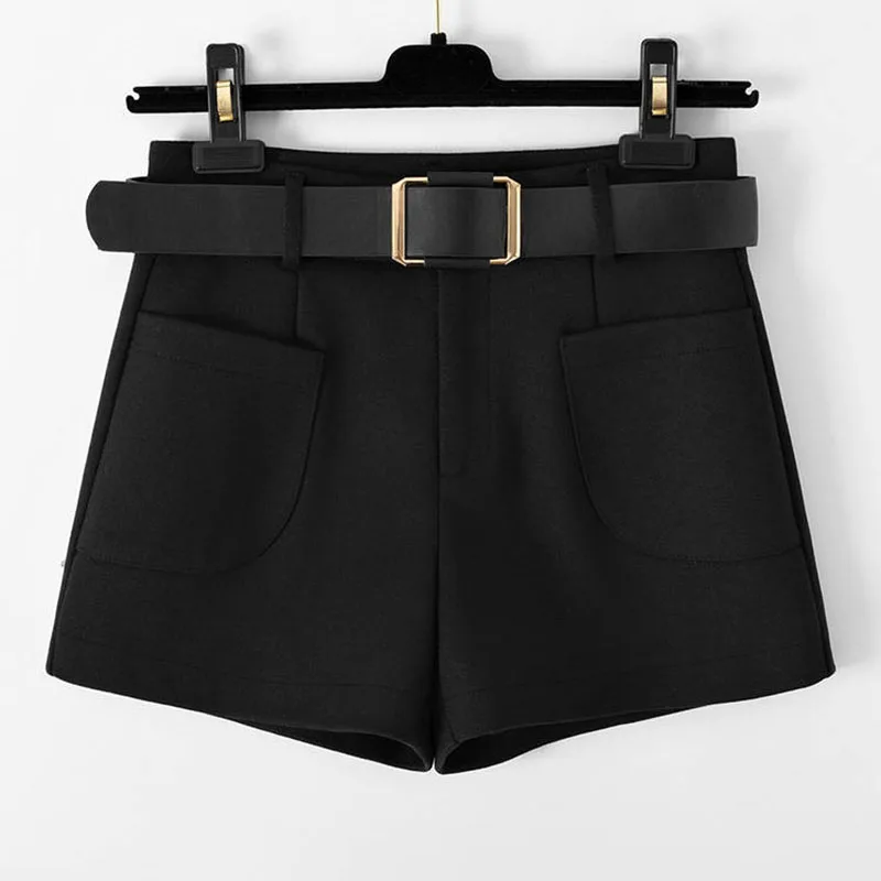 Tanie Wełniane szorty damskie 2019 jesienne zimowe szerokie nogawki mini szorty Feminino jesienne szorty z paskiem kieszenie krótkie Feminino F224