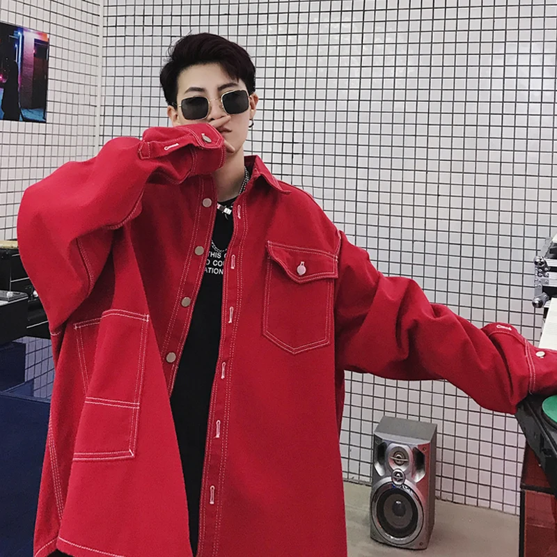 

Spring men's show oversize super long sleeves with a red denim jacket coat