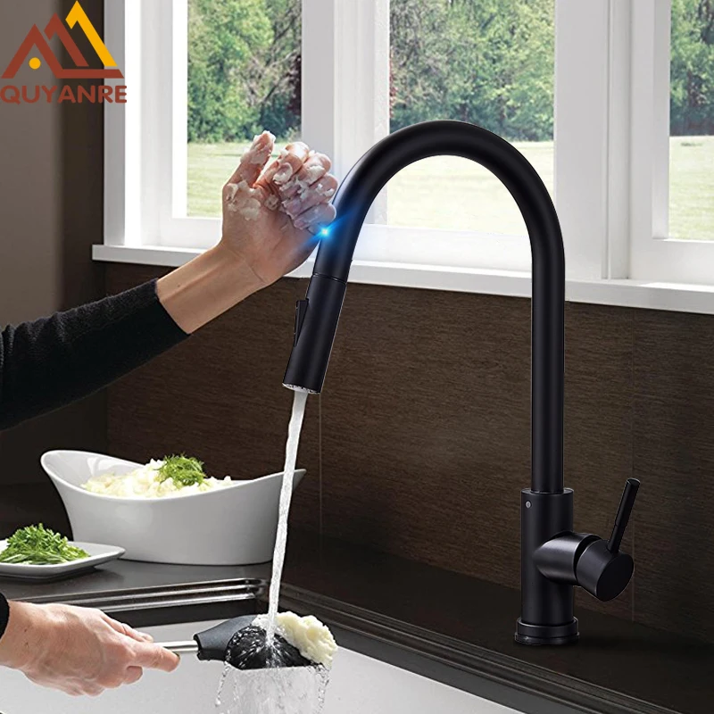Quyanre Matte Black Sensor Kitchen Faucet Sensitive Smart Touch Control Faucet Mixer Tap Touch Sensor Smart Black Kitchen Tap