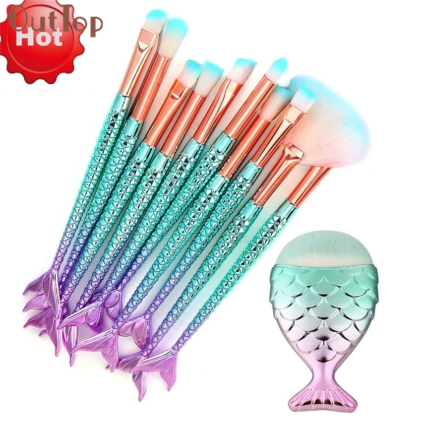 

11pcs Mermaid Makeup Brushes Set Kit Women Cosmeitc Natural Makeup For Powder Blush Eyebrow Foundation Sep18 Drop Shipping