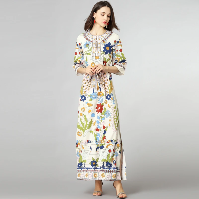 

High Quality Designer Fashion Summer Long Dress Women Three Quarter sleeve Flower Print Elegant Button Beaded Runway Maxi Dress