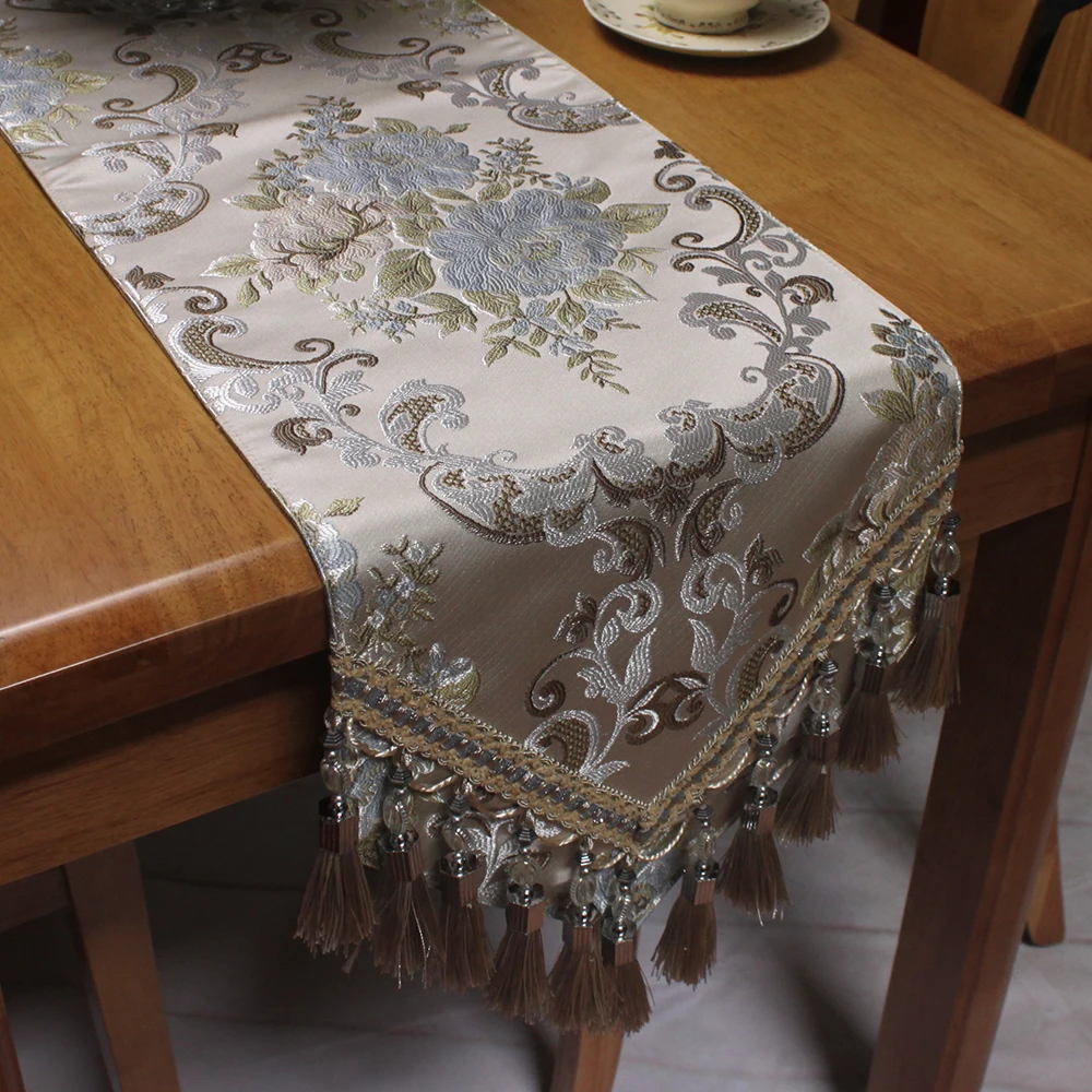 CURCYA Silver Beige Antique Formal Table Runners for Wedding Party