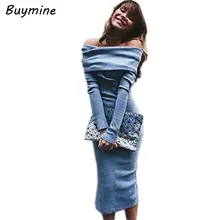 Women Knitted Sweater Dress Autumn Sexy Slash Neck Bandage Dress Off Shoulder Knitted Dress Elegant Long