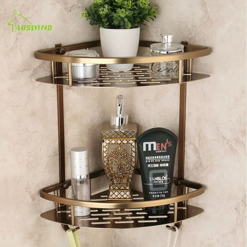 Antique Brushed Bathroom Shelves Double Layer Bronze Corner Shower Shampoo Soap Cosmetic Storage