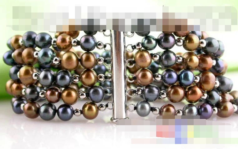 

0652 6row 8" round coffee black freshwater pearl bracelet bangle magnet