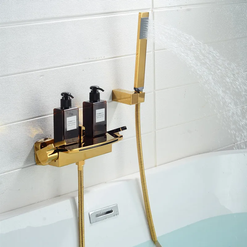 Роскошный золотой кран для ванной настенный водопад mixier клапан Ванна Водопад Душ холодной и горячей ванной кран MJ521