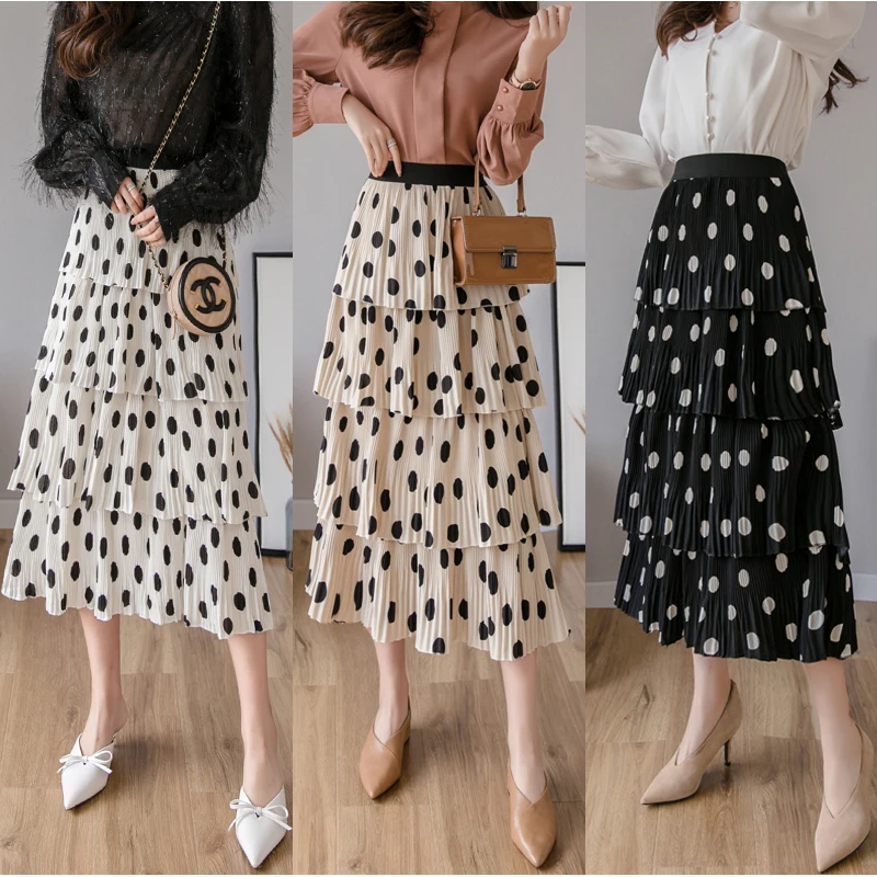 

Women High Waist Chiffon Skirt Spring New 2019 Women's Sweet Polka Dot Print Tired Cake Skirts Black White Khaki Midi Skirts
