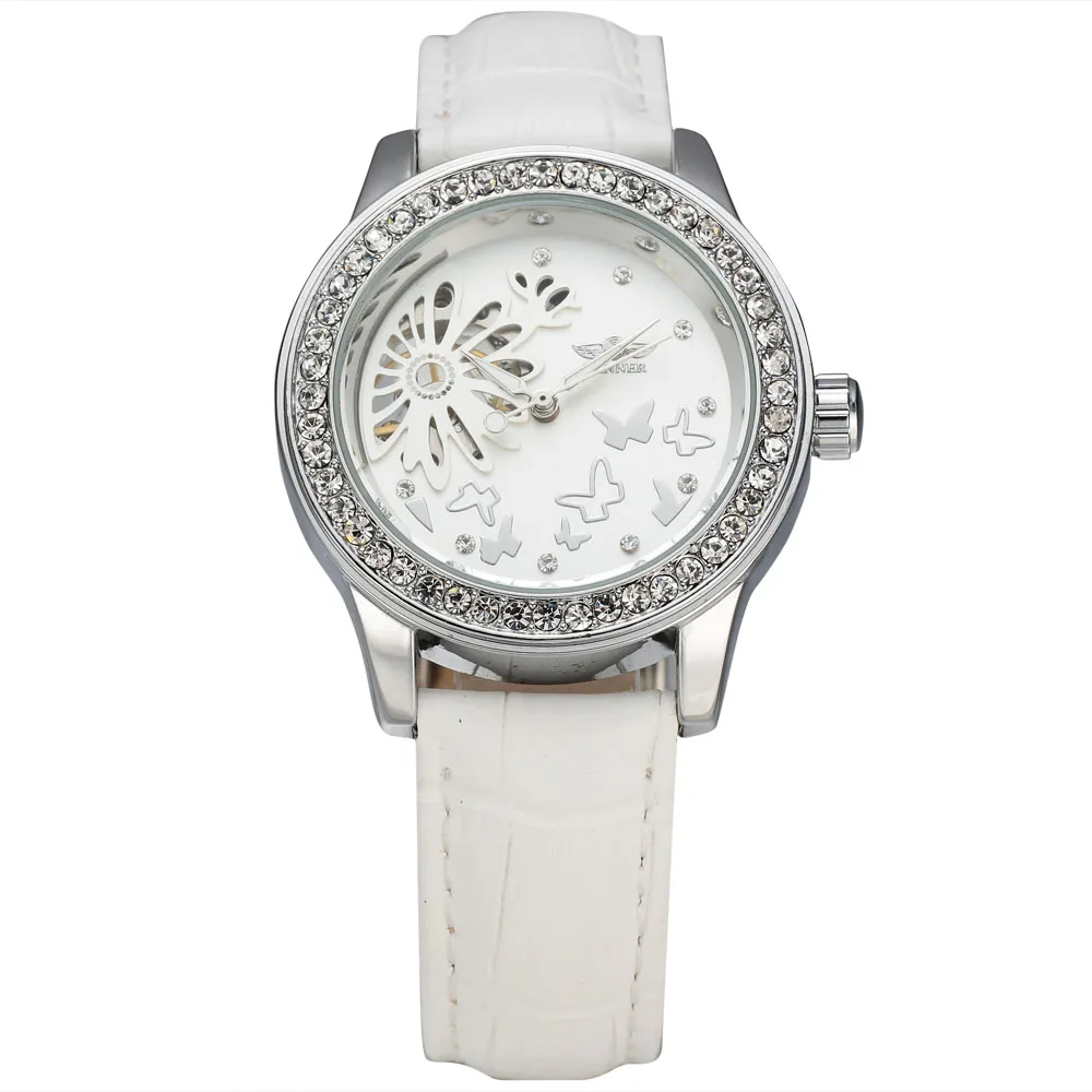 Роскошные женские часы WINNER, дизайнерский чехол с бриллиантами, высококачественные часы, модные настольные часы для девушек, платье, подарок, механические наручные часы - Цвет: Белый