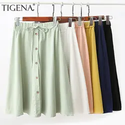 Tigena Повседневное Миди-юбки Для женщин 2019 лето корейской моды Кнопка A-Line Высокая талия юбка женский по колено солнца школьная юбка