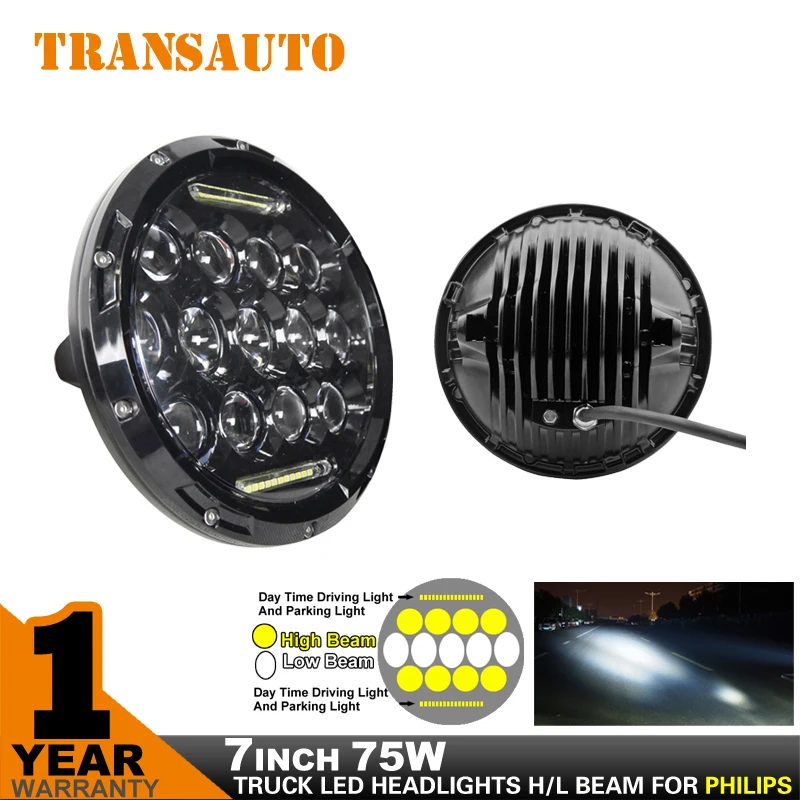 

TRANSAUTO 2Pcs 7Inch 75W 7500LM Hi/Low Beam Car LED Headlight Bulb for JEEP Wrangler Hummer Camaro FJ Cruiser