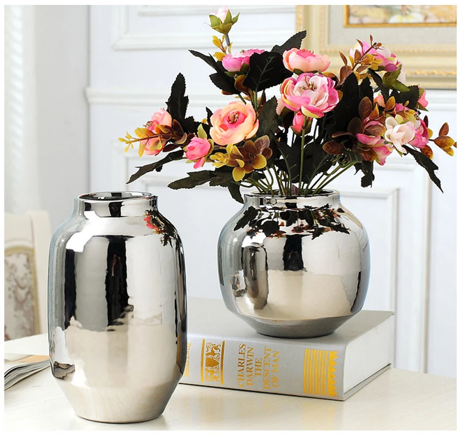 Европа гальванических серебро керамическая ваза для цветов расположение работа вазы Настольный Цилиндр Большая ваза