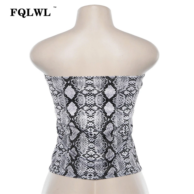 FQLWL, змеиный принт, сексуальный укороченный Топ для женщин, без бретелек, с открытой спиной, с открытыми плечами, женские топы, уличная одежда, бюстье, укороченный Топ для женщин