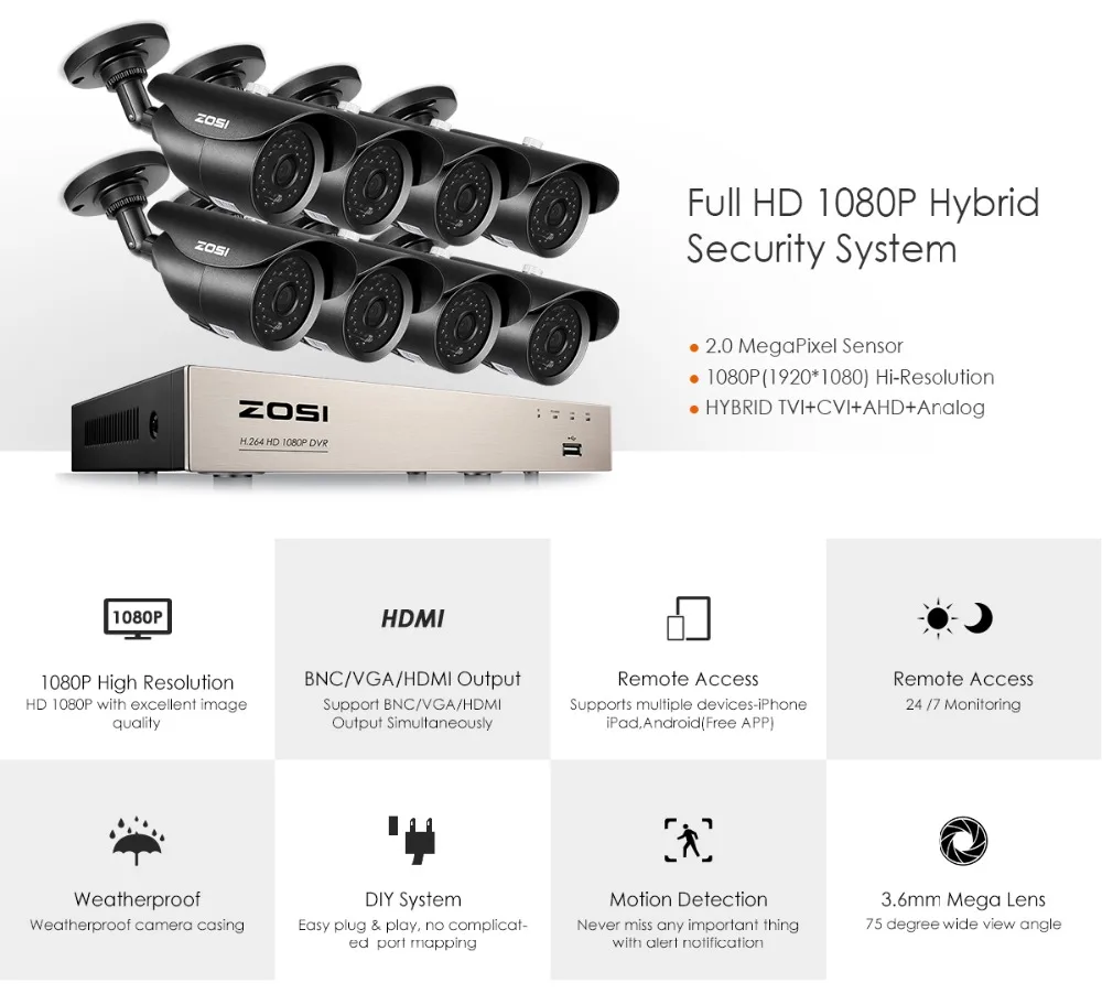 ZOSI HD-TVI 8CH 1080P DVR комплект 2.0MP камеры безопасности Система 8*1080P День ночного видения CCTV Домашняя безопасность с 2 ТБ HDD